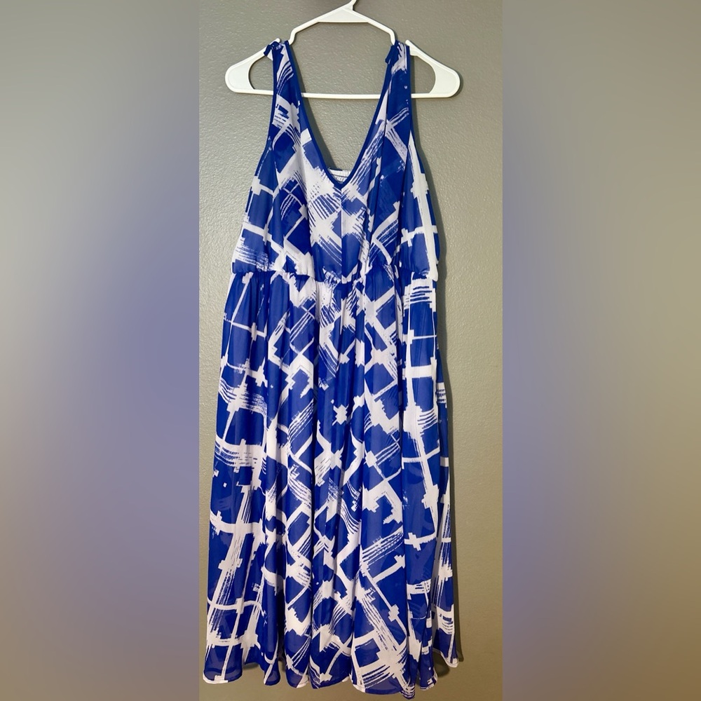 Lane Bryant Blue White Brushstroke Plaid Chiffon Fit & Flare Midi Dress Size 20